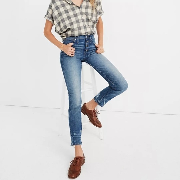 Madewell Slim Straight Distressed Button Front Blue Jeans - Picture 1 of 11